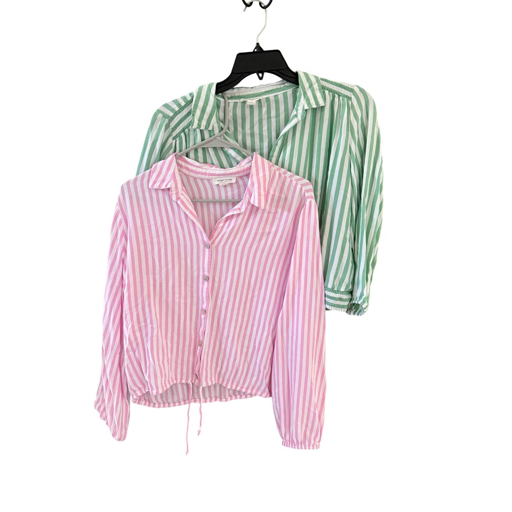 Beachlunchlounge Striped Button Front Drawstring Hem Tops Pink Green Size Large